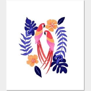 Red macaws and blue tropical leaves Posters and Art